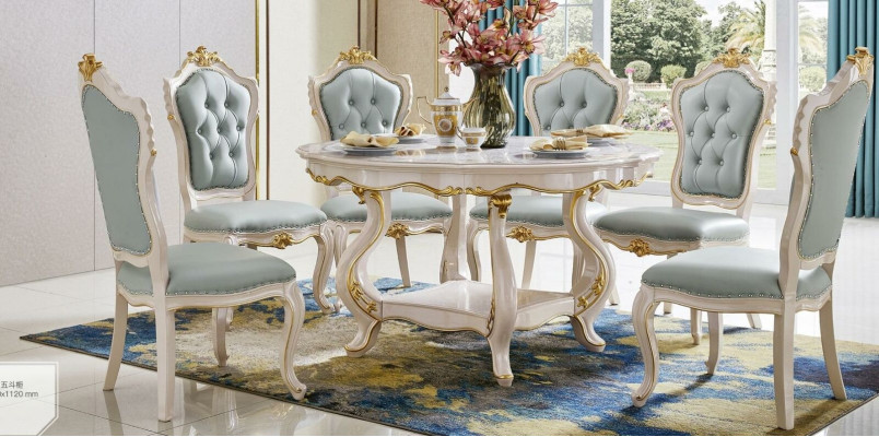 HellBlue e Classic Dining room ambiente Round wooden table with x6 Chesterfield armchairs