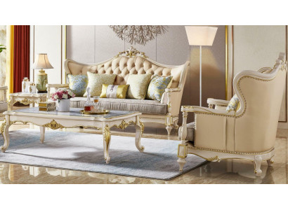 Leather sofa Classic Sofa set 2-piece set 3+1 Seater seating set Solid wood