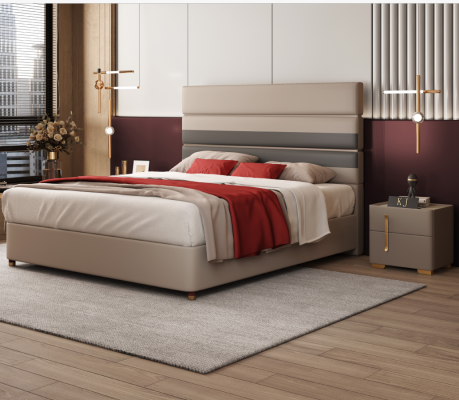 Leather Upholstery Bed Beds Hotel Luxury Designer Double Marriage Bedroom Beige