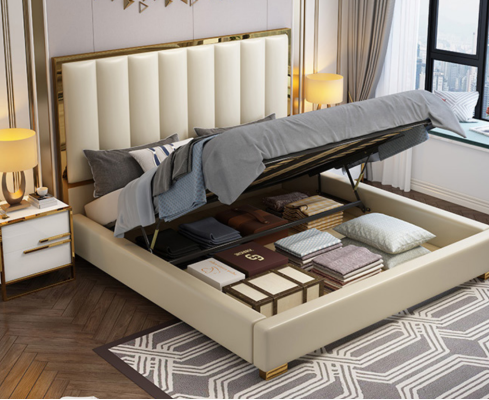 Bed Beds Wood Leather Upholstery Marriage Design Leather Hotel Boxspring Furniture