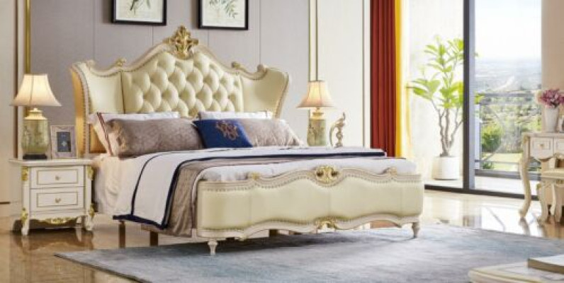 Chesterfield Bed Bedside table 3 pieces. Set Beds Bedroom Leather Solid wood