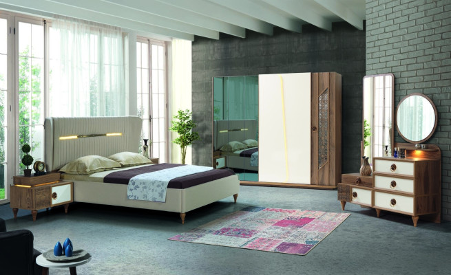 Bedroom Set Bed 2x Bedside tables 5tlg Design Textile Wood Wardrobe