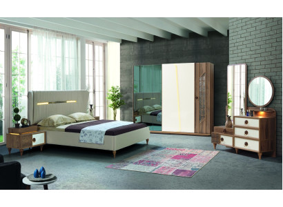 Bedroom Set Bed 2x Bedside tables 5tlg Design Textile Wood Wardrobe