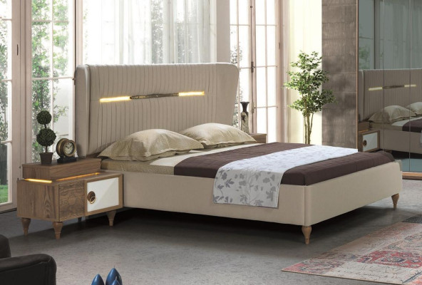Bedroom Set Bed 2x Bedside tables 5tlg Design Textile Wood Wardrobe