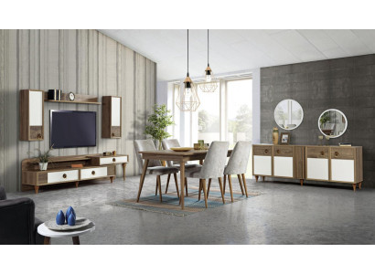 Dining room Set Table 4x Chairs Sideboard Set Suite Design Wood Textile