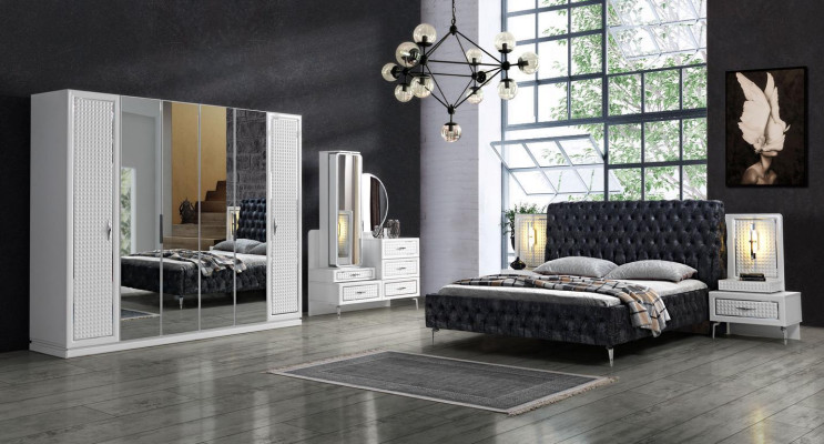 Bedroom Bed 2x Bedside table 5 pcs. Set Design Modern Luxury new White