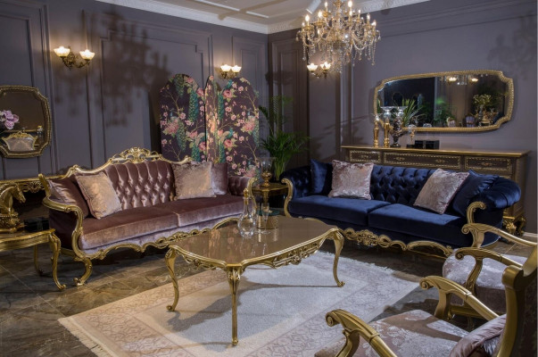Chesterfield three-seater sofa in a luxurious blue color for the living room