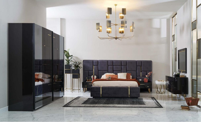 Design Double Bed Bed Frame Luxury Bedroom Wood Set 6 Pieces Black