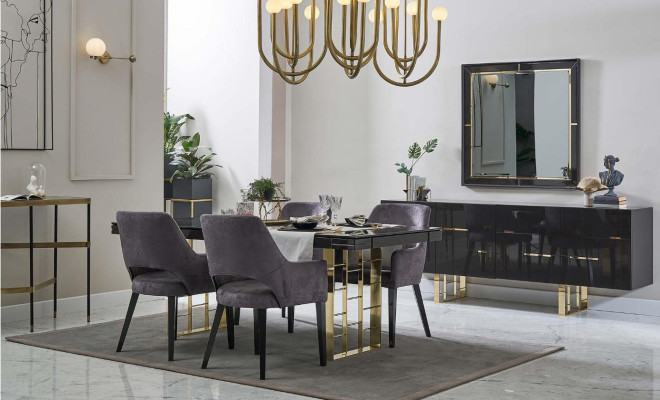 Luxury dinette Dining room Dining set Dining room furniture Set 9pcs Wood Black