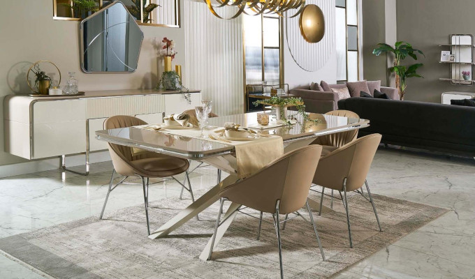 Modern Dining set Wood Dining table Dining corner Beige Dining room 7-piece Chairs