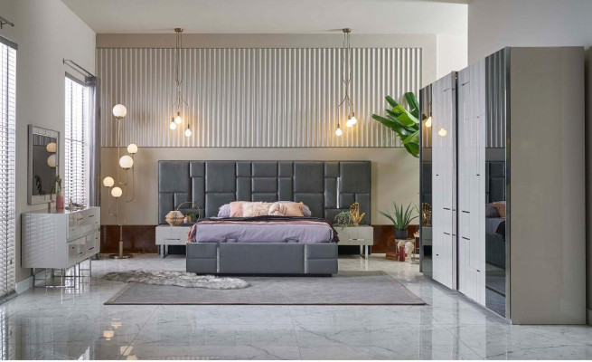 Bed frame Bedroom Double bed Gray Wood Set 6-piece Wardrobe