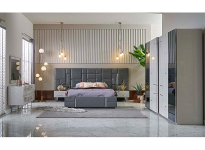 Bed frame Bedroom Double bed Gray Wood Set 6-piece Wardrobe