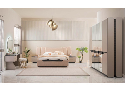 Complete e Bedroom Double bed Modern Beige Bed Set 6-piece Wardrobe