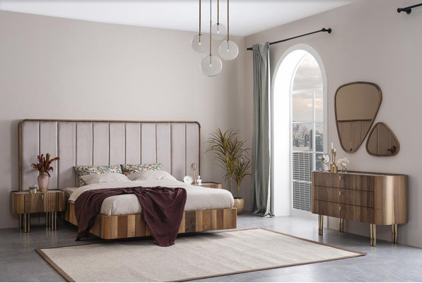 Bedroom Set Double Bed Modern 2x Bedside tables Luxury Chest of drawers with Mirror