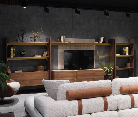 Luxury Wall unit Design Living room Suite Furniture Brown Wood Bookshelf Shelves