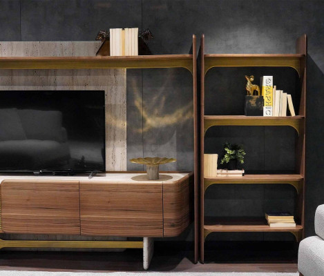 Luxury Wall unit Design Living room Suite Furniture Brown Wood Bookshelf Shelves