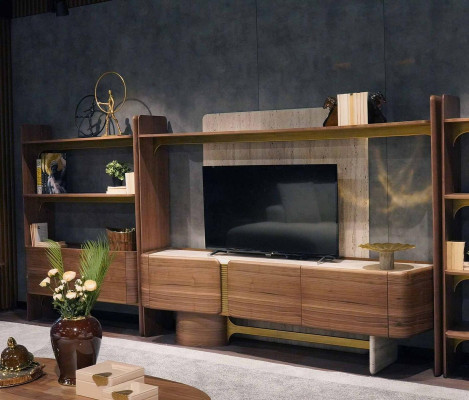 Luxury Wall unit Design Living room Suite Furniture Brown Wood Bookshelf Shelves