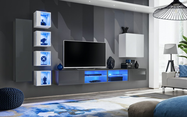 Wall unit Gray Wall Shelves Wardrobe Living room furniture Furnishings Luxury Set 7 pieces