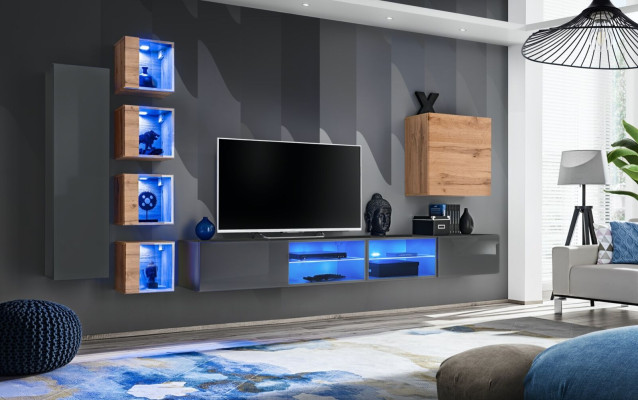 Living room Wall unit Gray Modern Furniture TV lowboard wall cabinet shelves