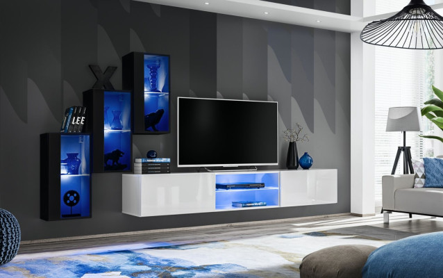 new Wall unit Black 3x wall cabinet Furnishings TV lowboard Modern Set
