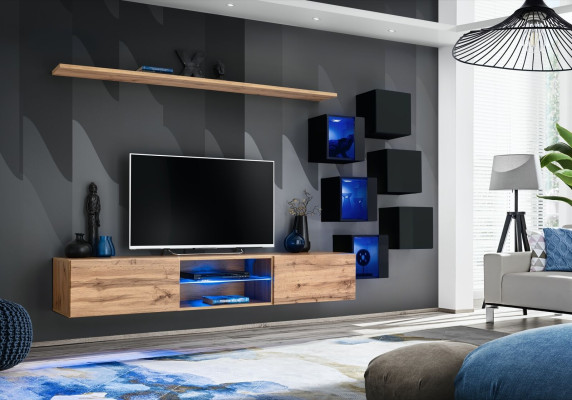 Wall unit brown shelves sideboard wall wardrobe luxury new TV lowboard wooden furniture