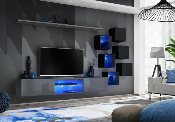 Set Modern Gray Furnishings Wall unit TV lowboard sideboard wooden furniture wall cabinet