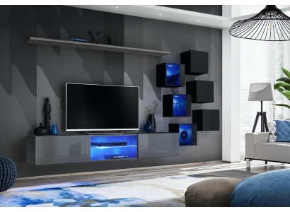 Set Modern Gray Furnishings Wall unit TV lowboard sideboard wooden furniture wall cabinet