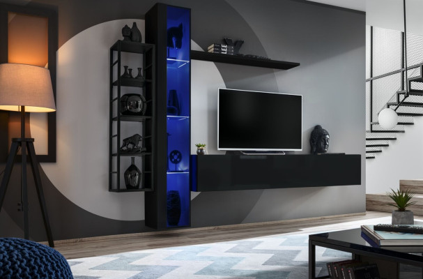 Wall unit Black Designer TV Lowboard Living room furniture Furniture Complete e Sideboard