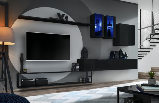 Designer Wall unit Black Modern Luxury TV Stand Wooden Furniture Furnishings Suite