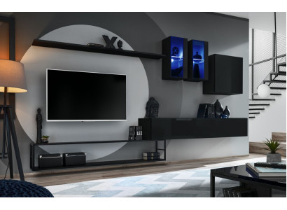 Designer Wall unit Black Modern Luxury TV Stand Wooden Furniture Furnishings Suite