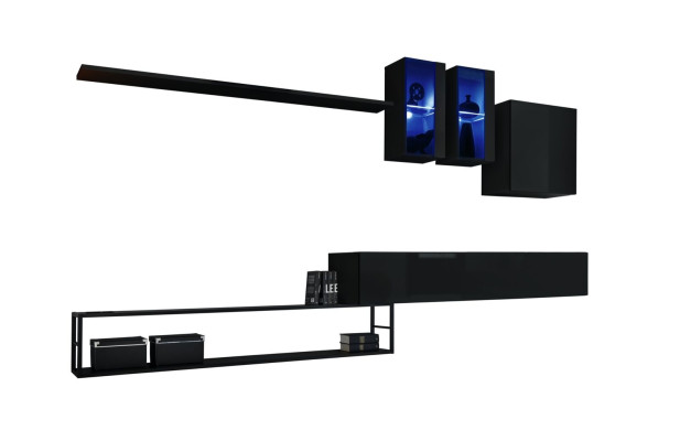 Designer Wall unit Black Modern Luxury TV Stand Wooden Furniture Furnishings Suite