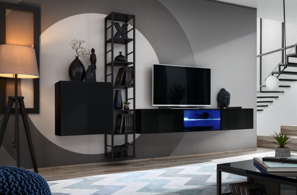 Black Wall unit 270cm Luxury wall cabinet Living room furniture Shelves Wood Furnishings