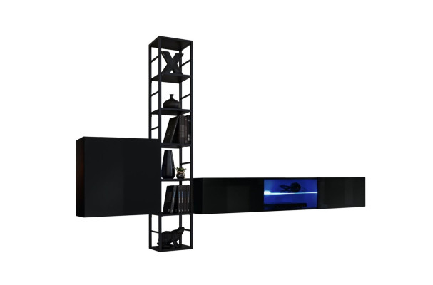 Black Wall unit 270cm Luxury wall cabinet Living room furniture Shelves Wood Furnishings