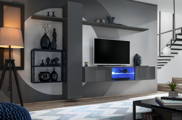 Living room furniture Wall unit 270 cm wall cabinet Furnishings Gray Luxury Wall Shelves