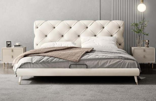 Bed Bedside table 3 pcs. Bedroom Set Design Modern Luxury Beds Beige