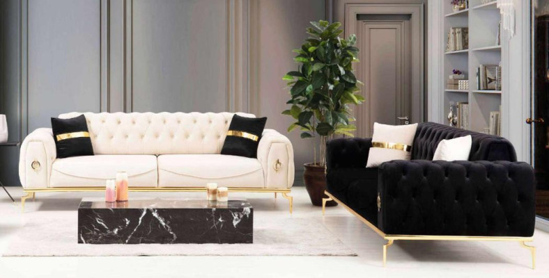 Sofa set luxury Chesterfield Seating group three-seater Black 3+3 Seat