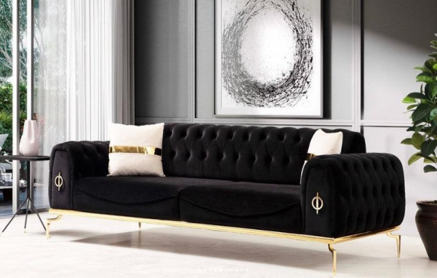 Sofa set luxury Chesterfield Seating group three-seater Black 3+3 Seat