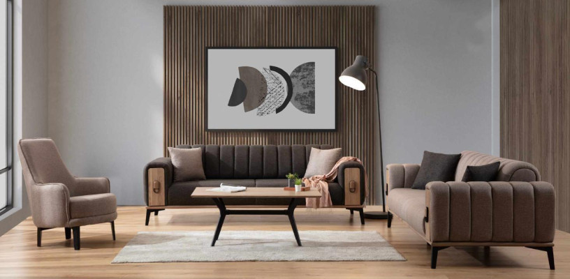 Brown sofa set three seater single seater armchair upholstered furniture fabric sofa