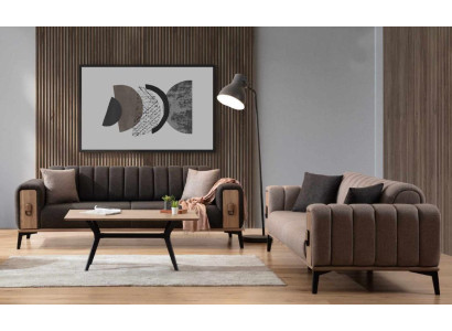 Brown couch set 2x three-seater luxury set furniture sofas couches wooden frame