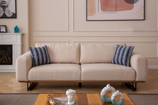 Designer Sofa 3 Seater Upholstery Textile Modern Upholstery Beige 230cm Couches