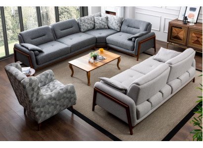 Living room Set Corner sofa L-shape Couch Gray Upholstery 3 +1 Seater Textile