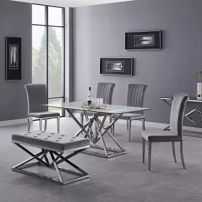 Designer Dining room Modern glass table Stainless steel tables Stainless steel frame