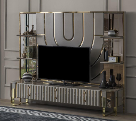 TV stand TV-cabinet Lowboard Sideboard Living room Gold Gray Luxury Wood new