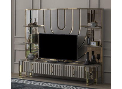 TV stand TV-cabinet Lowboard Sideboard Living room Gold Gray Luxury Wood new
