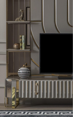 TV stand TV-cabinet Lowboard Sideboard Living room Gold Gray Luxury Wood new