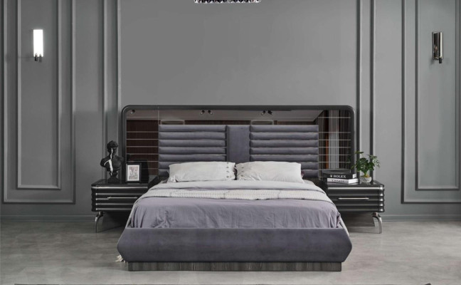 Gray bedroom set Double bed 2x Bedside tables with drawers