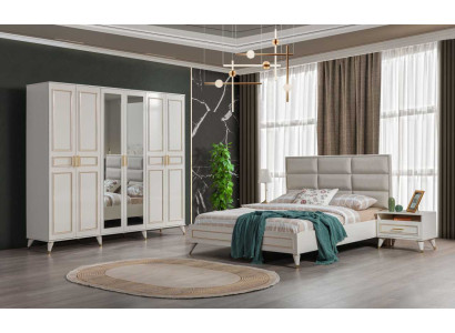 White Bedroom Furniture Wood Glass Cabinet Textile Double bed Bedside tables