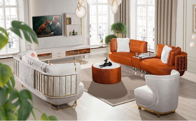Modern Orange and White Living room Furniture Three Seater Coffee table Wooden furniture