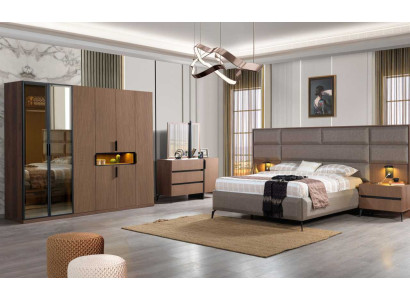 Brown Bedroom Wood Furniture Textile Bed Bedside tables Chest of drawers Wardrobe