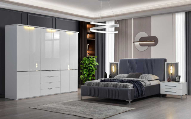 White -Gray Bedroom Furniture Textile Bed Bedside table Wardrobe 4pcs